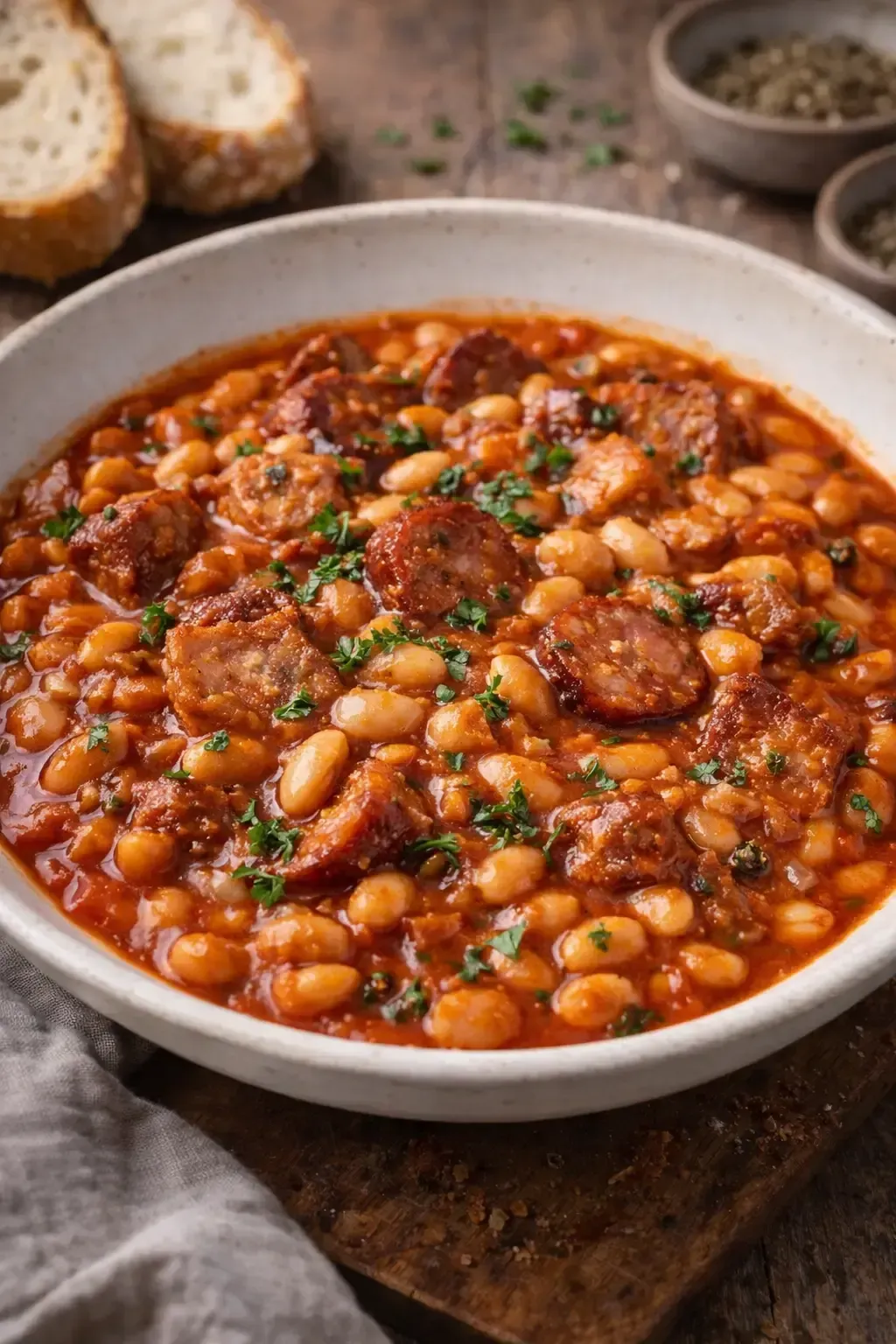 Szybka fasolka po bretońsku z kiełbasą i boczkiem. Gęsta, konkretna i bardzo prosta